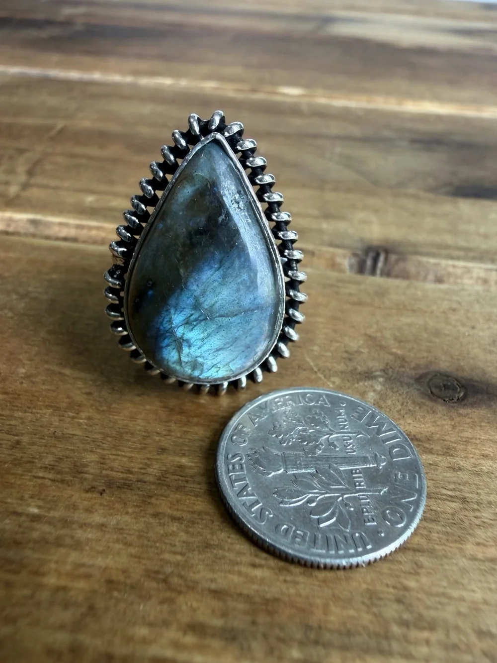 Labradorite Crystal Stone Gemstone Ring Size 7.5 Silver 925 Plated Boho Native